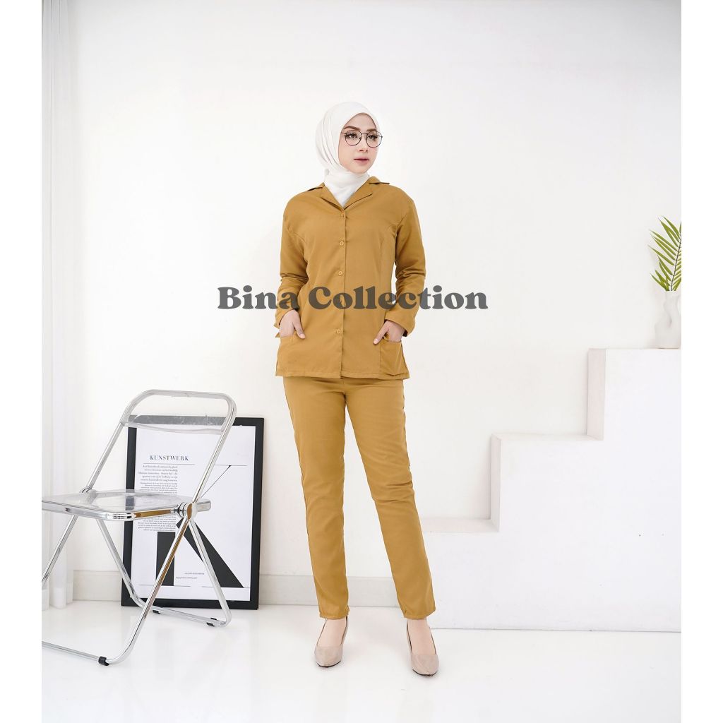 Seragam PNS Pemda Khaki Wanita Lengan Panjang Seragam ASN Baju PDH Khaki Baju Guru Khaki Wanita