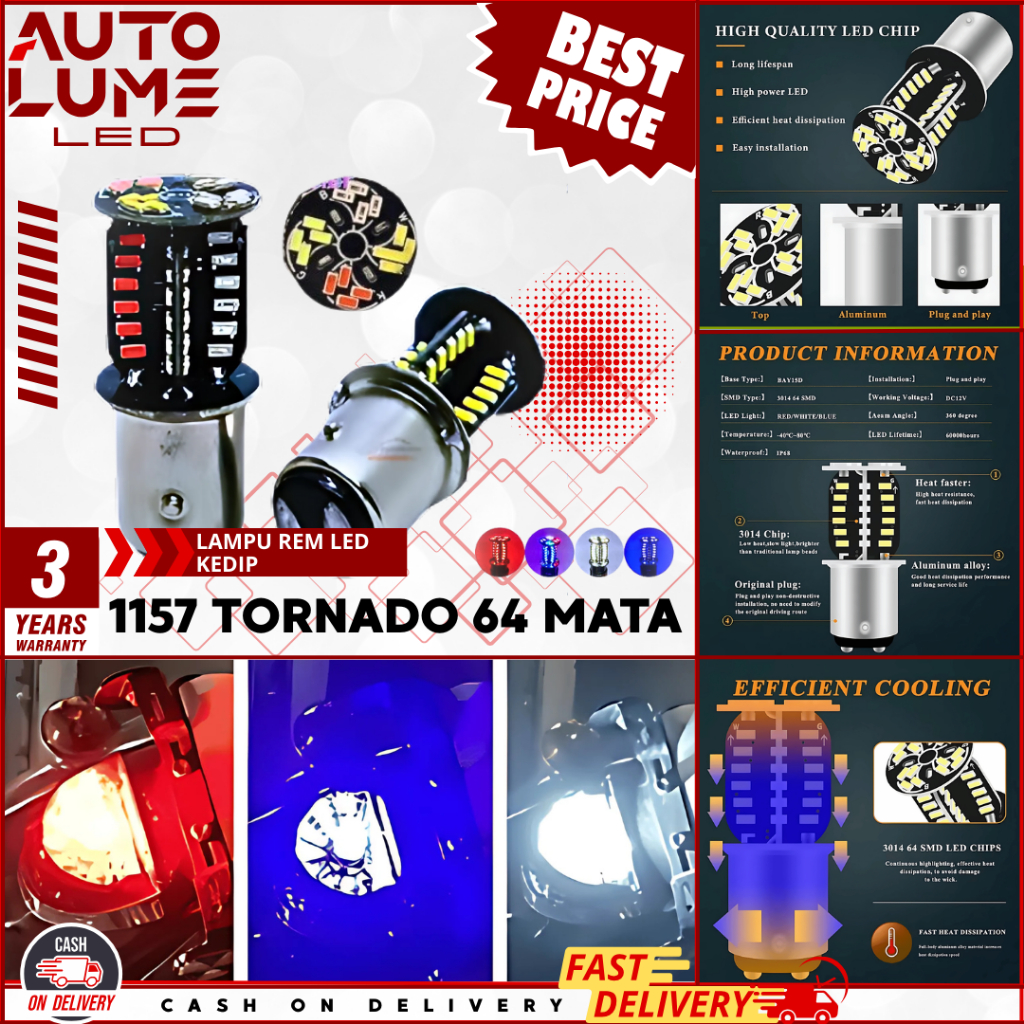 AutoLume Lampu LED Rem Belakang Rotari Motor & Mobil – Strobo RGB 64 Mata, Super Terang & UNIVERSAL