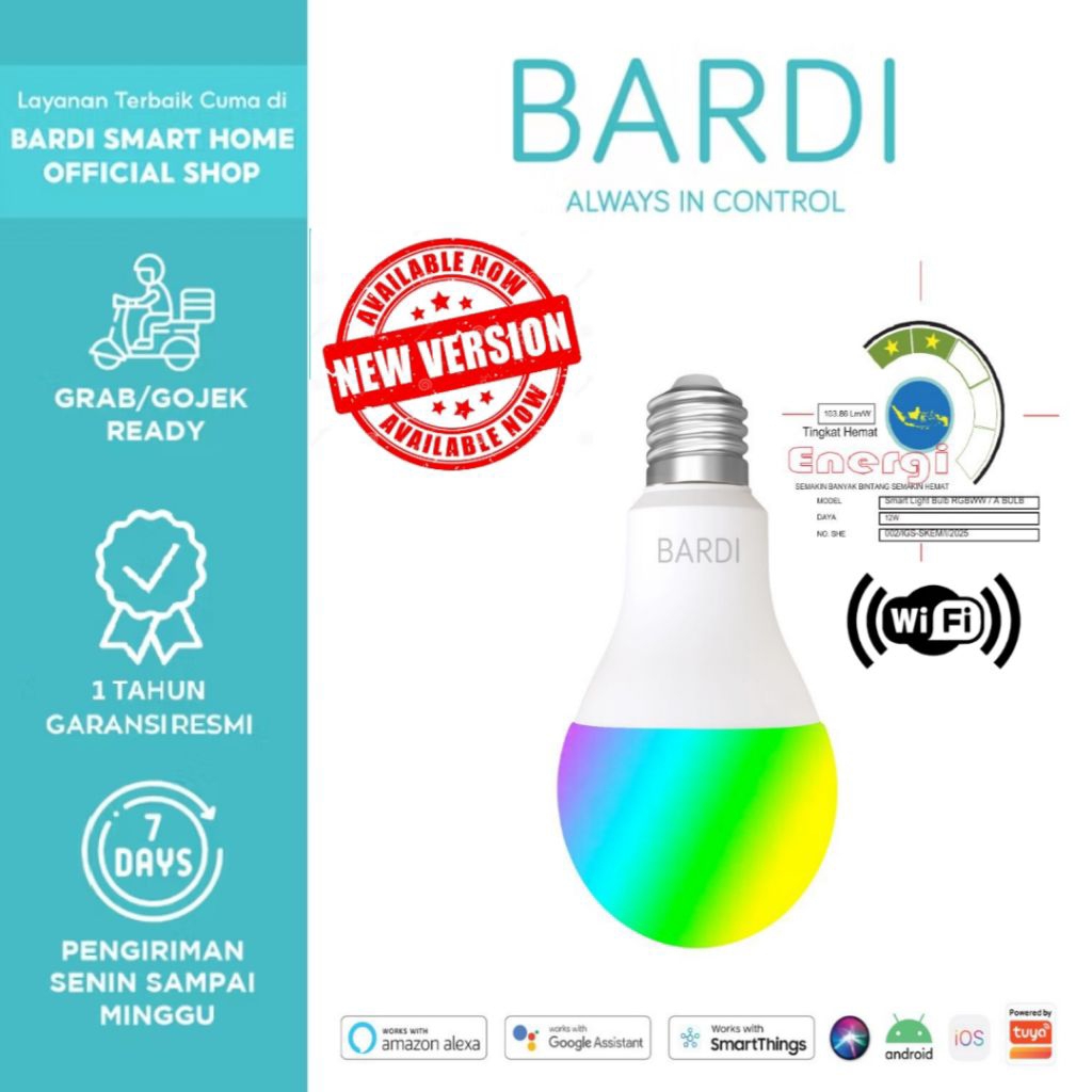 BARDI Official Smart LIGHT BULB RGB+WW 9/12 W Wifi Wireless - Lampu Pintar Bardi Garansi Resmi 1 Tah