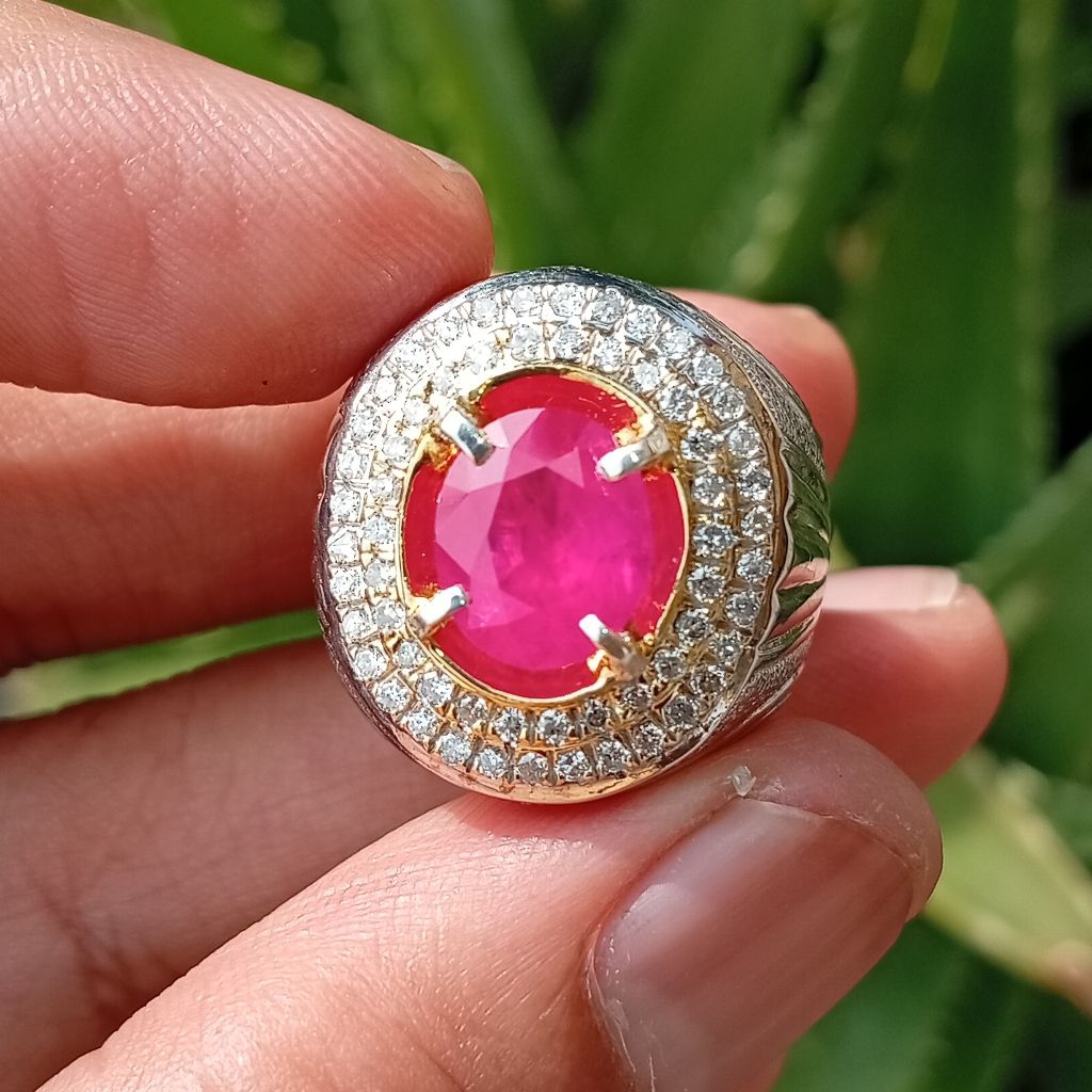 Batu Ruby Burma 2.35 ct memo GRI Ring perak Paladium Tabur Berlian