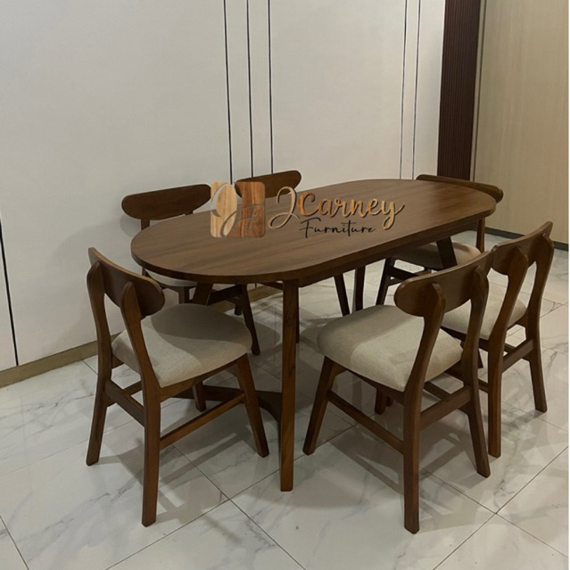 Set Meja Makan Oval Minimalis Modern 6 Kursi