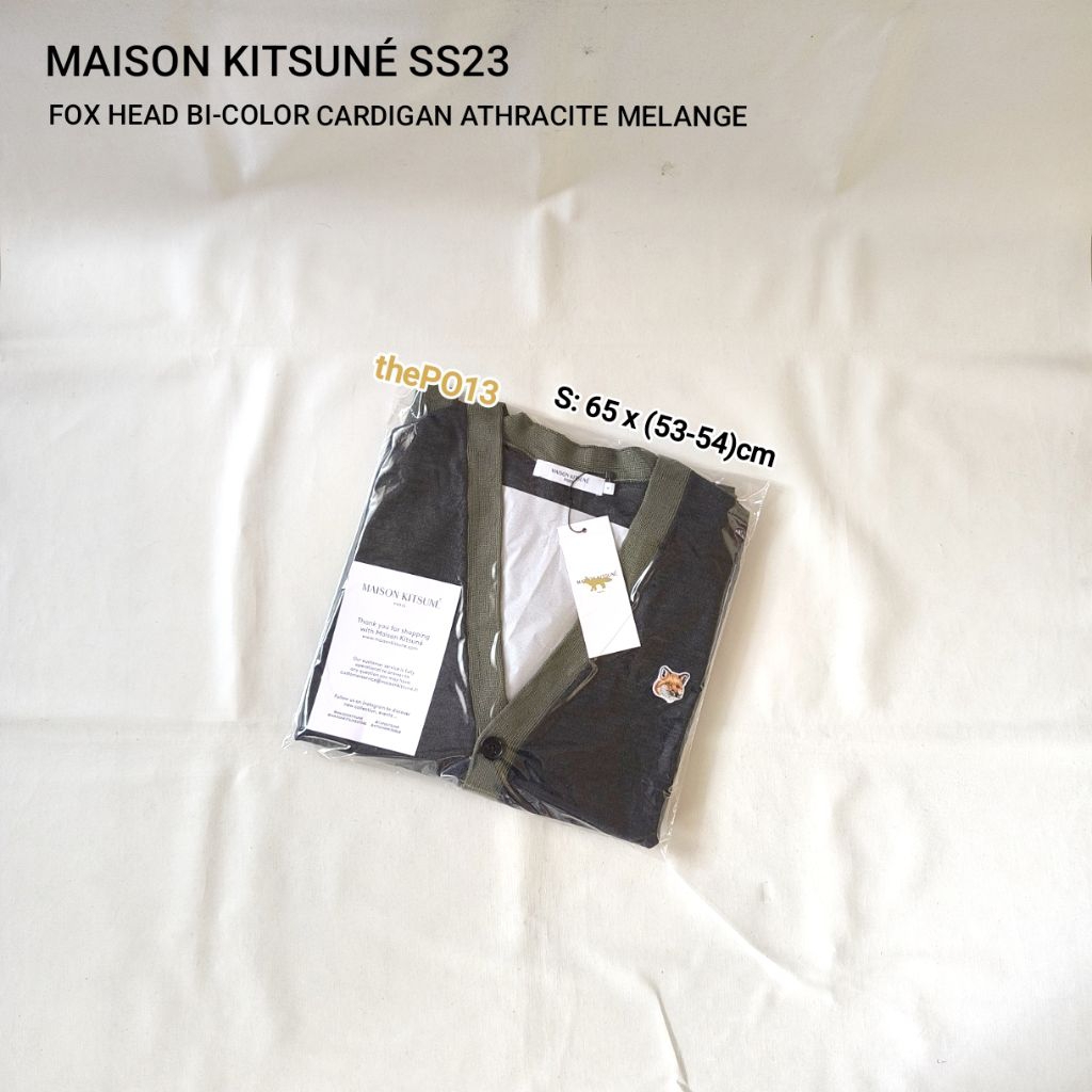 MAISON KITSUNE FOX HEAD PATCH BI-COLOR WOOL CARDIGAN KHAKI SS23 AUTHENTIC 100% BNWT