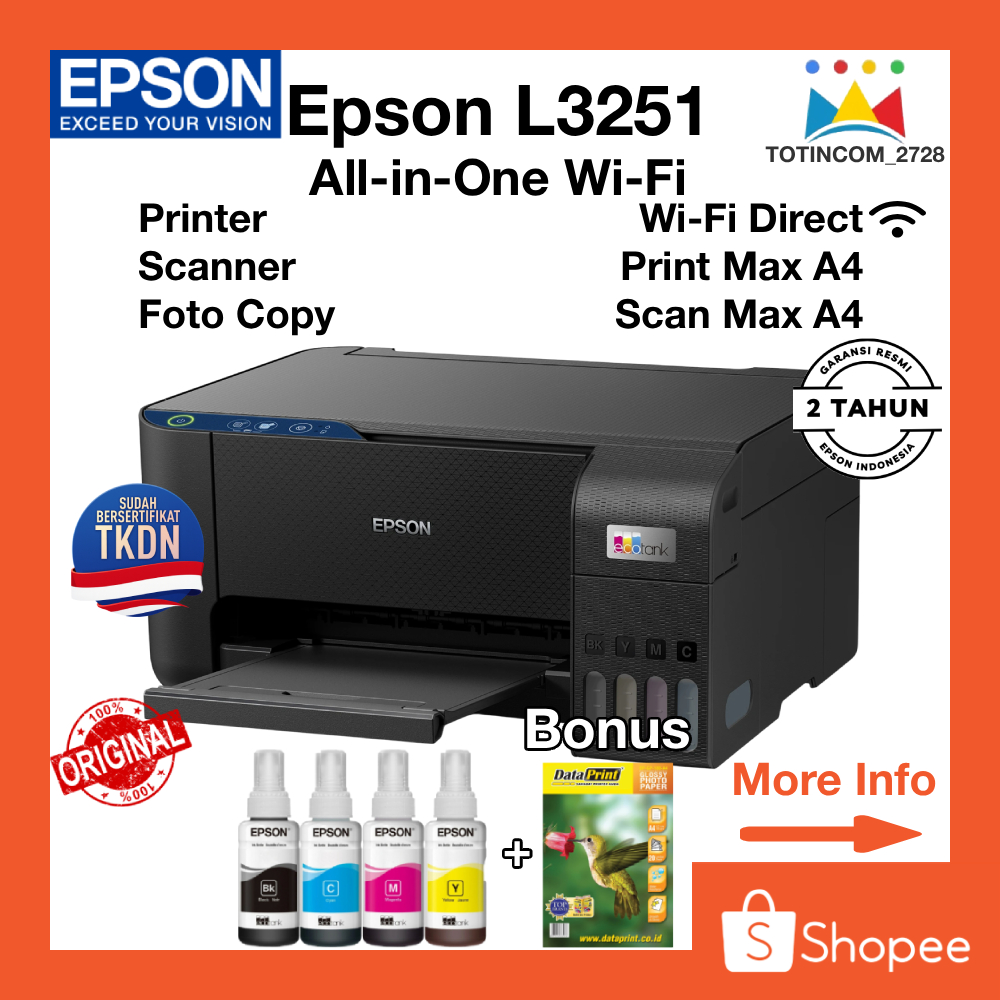 Printer F4 Wifi Epson L3251 Print F4 Scan A4 Fotocopy Garansi Epson 2 Tahun