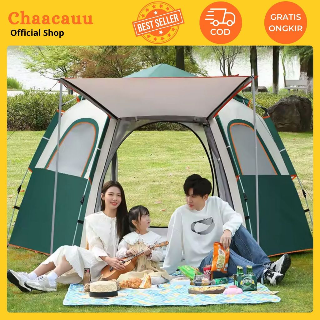 Tenda Camping Kemah Keluarga Lipat Otomatis Double Layer Rainproof / Tenda 5-8 Orang Berkualitas