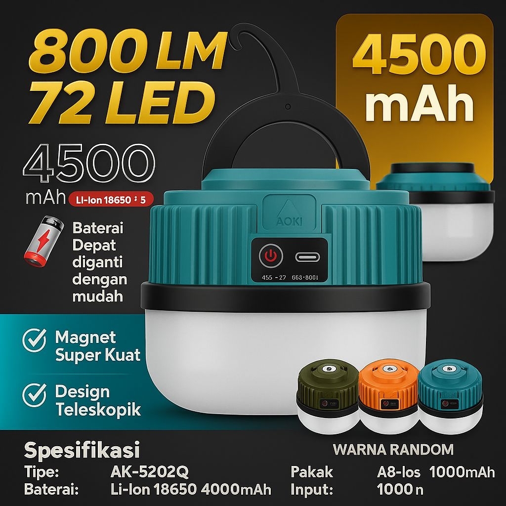 Lampu Camping LED 800LM 72 LED Rechargeable 4500mAh Magnet Super Kuat Outdoor Emergency