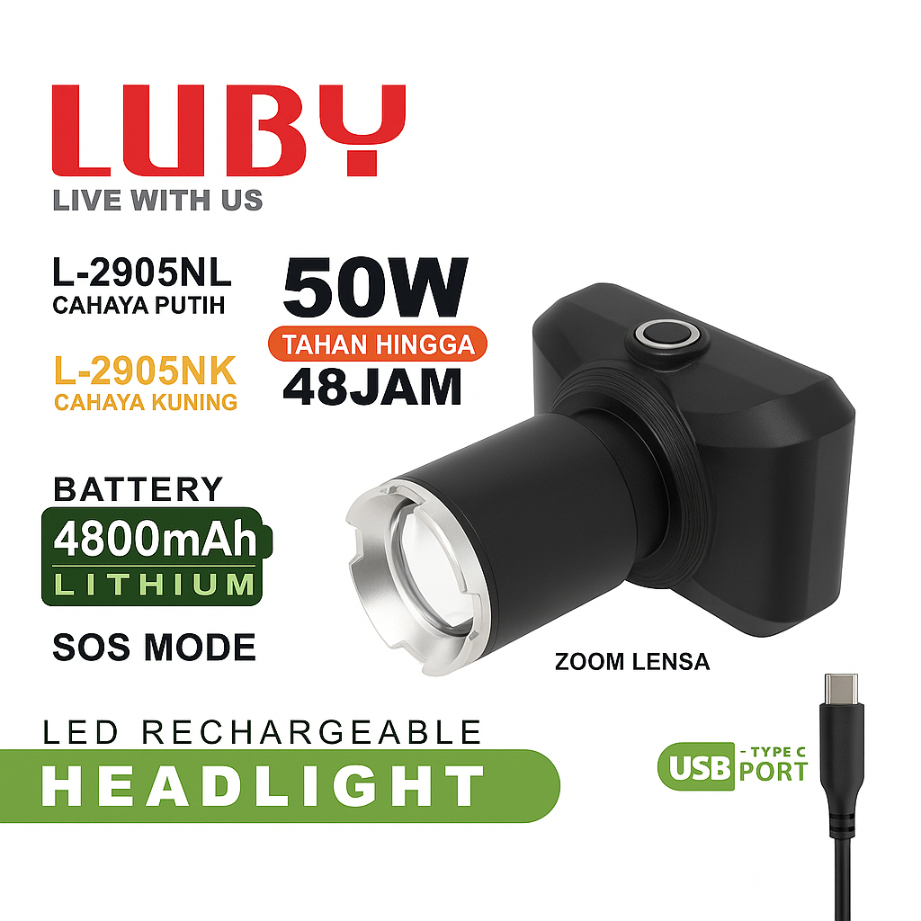 LUBY L-2905 Senter Kepala Zoom / LED Rechargeable Headlight 50 Watt - Cahaya Putih & Kuning