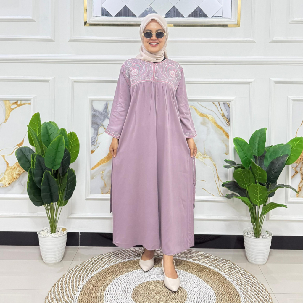 Devpon Dress Midi Bordir Aleya Bahan Rayon Twill Premium Tebal Adem Lembut Jatuh Tidak Menerawang
