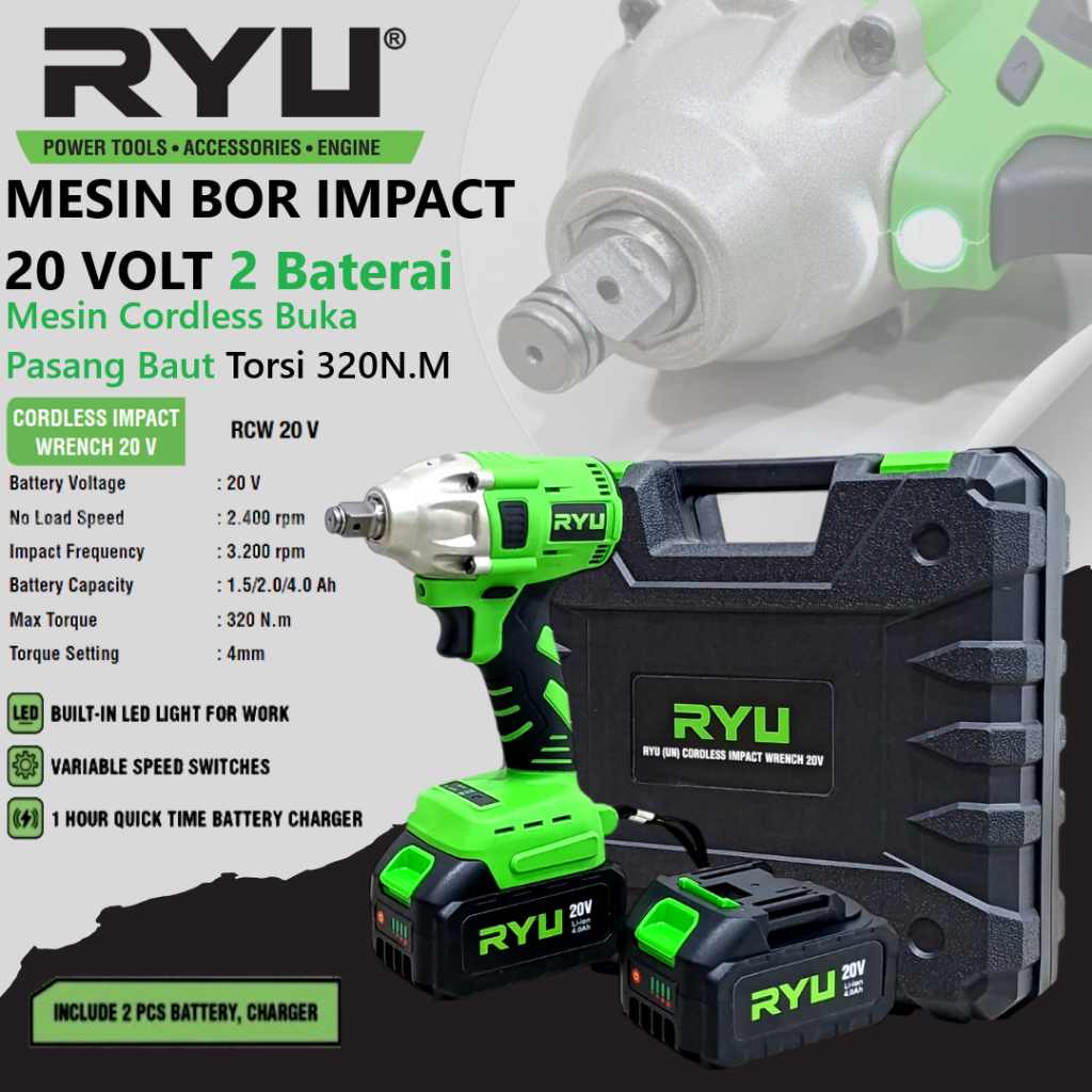 AIR IMPACT CAS BATERAI RYU RCW 20VOLT/CORDLESS WRENCH/MESIN PEMBUKA BAUT BATERAI/