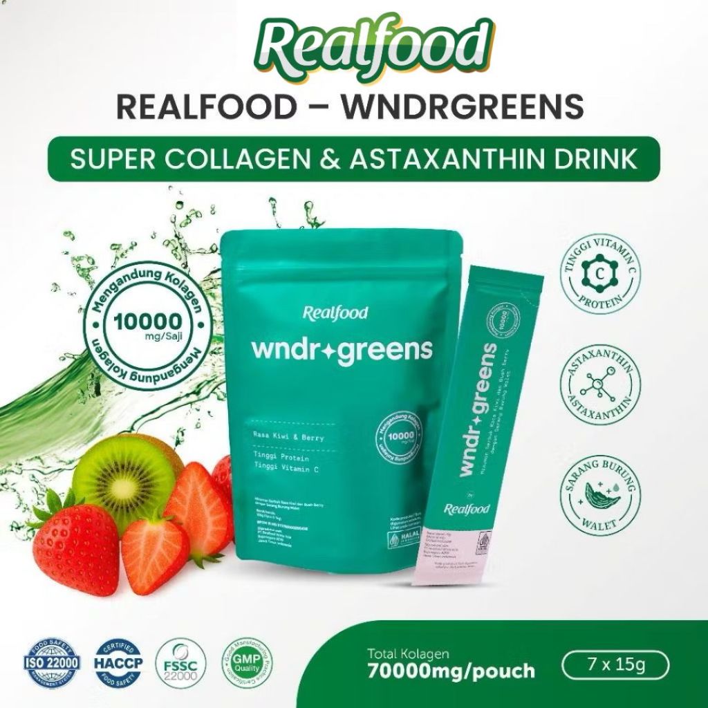 Realfood WNDRGREENS Super 10,000mg Collagen Bird’s Nest Drink I Minuman Collagen Isi 7 Sachet
