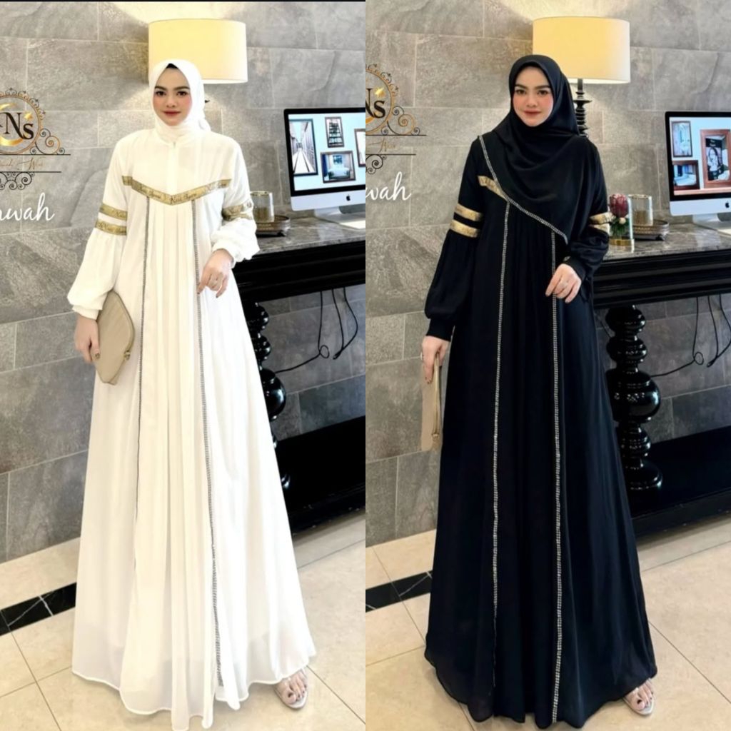 Marwah set krudung gamis umroh haji elegant hitam putih ceruti set hijab jumbo