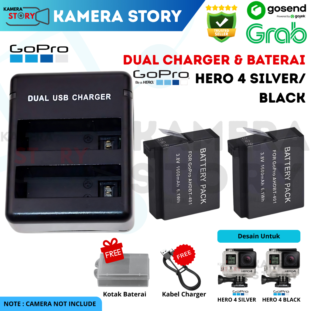 Battery Replacement & Dual Charger Gopro Hero 4 Silver - Baterai Gopro Hero 4 Black