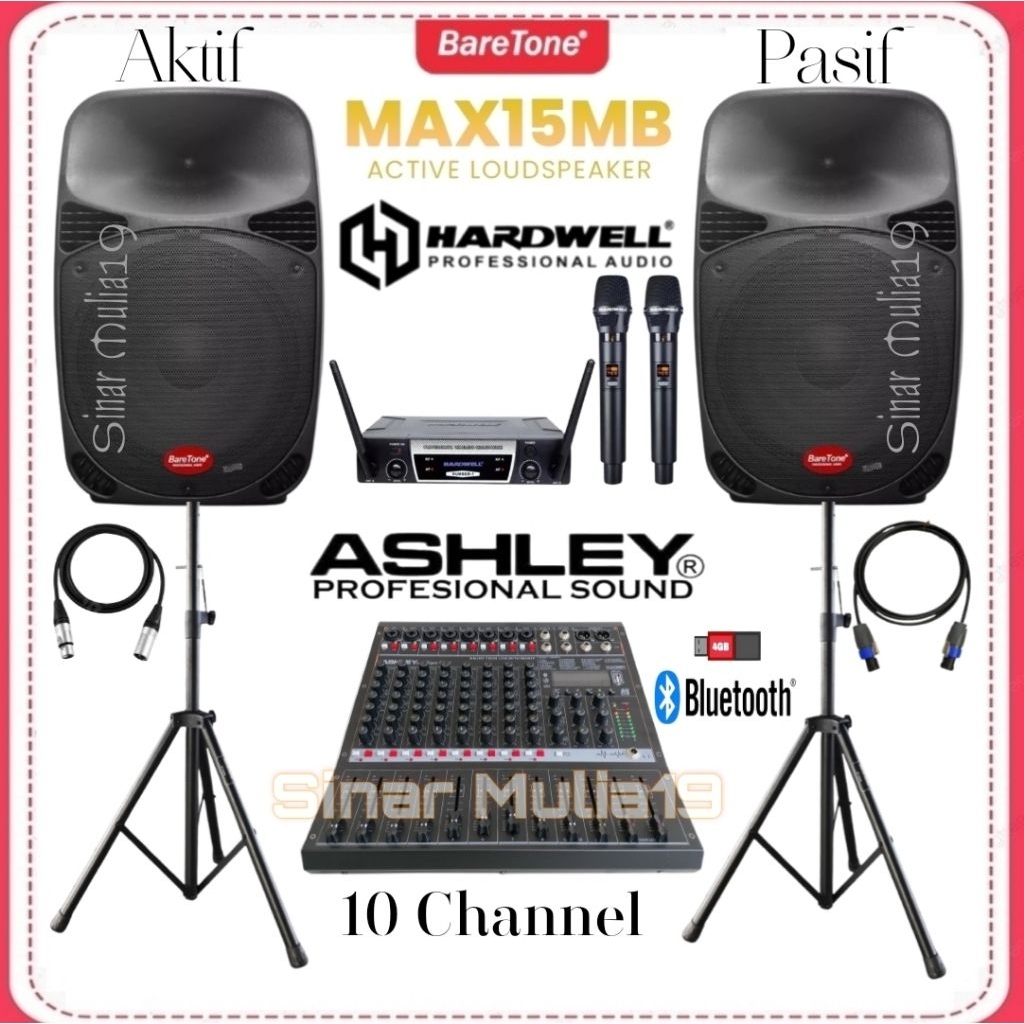 Paket Sound System BareTone 15 Inch ( Aktif & Pasif ) Mixer ASHLEY 10 Ch Bluetooth Mic Wireless Hard