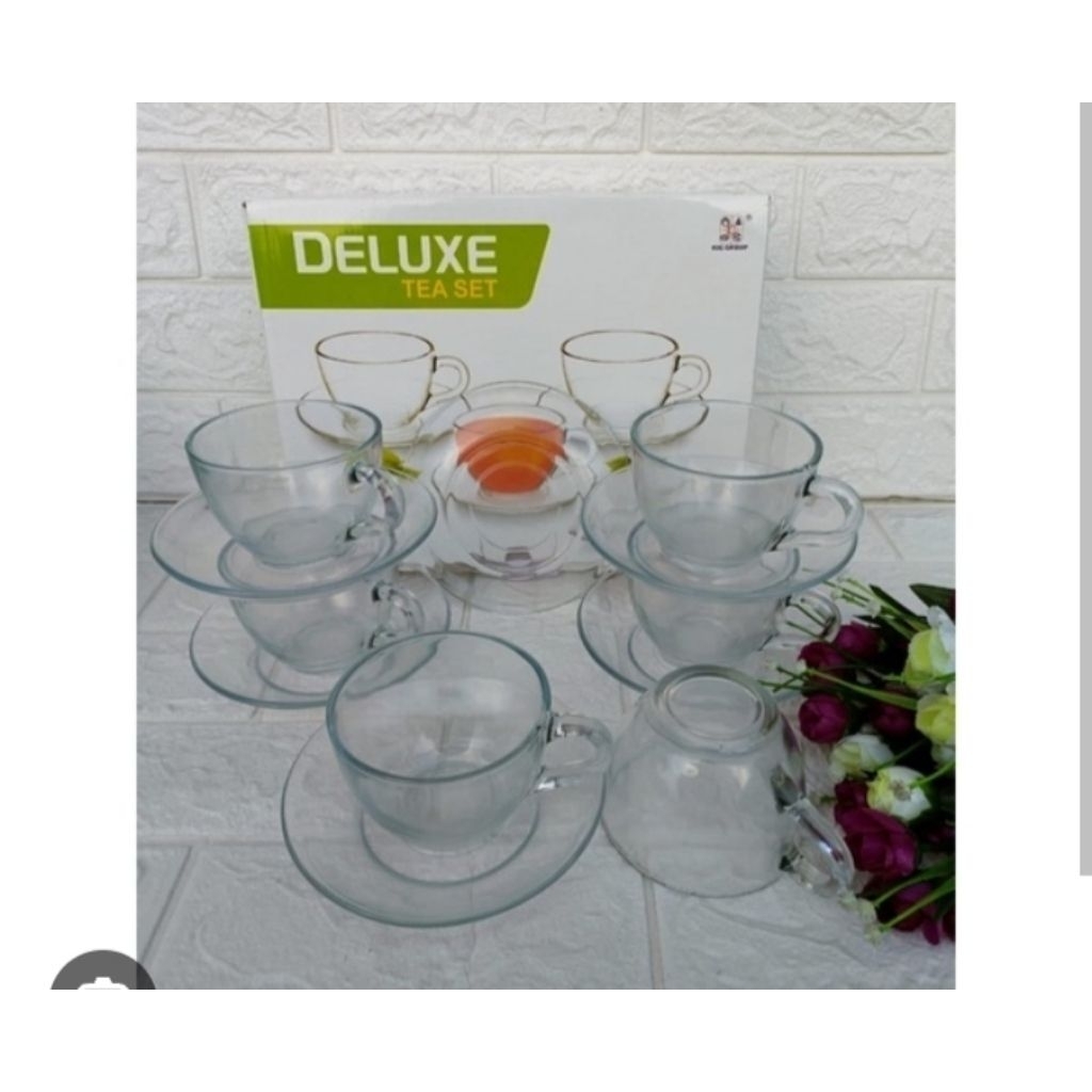Deluxe Tea Set Kaca Lucu Unik Polos Gelas Cangkir + Lepek Cocok Kado Souvenir (isi 6 cangkir + 6 lep