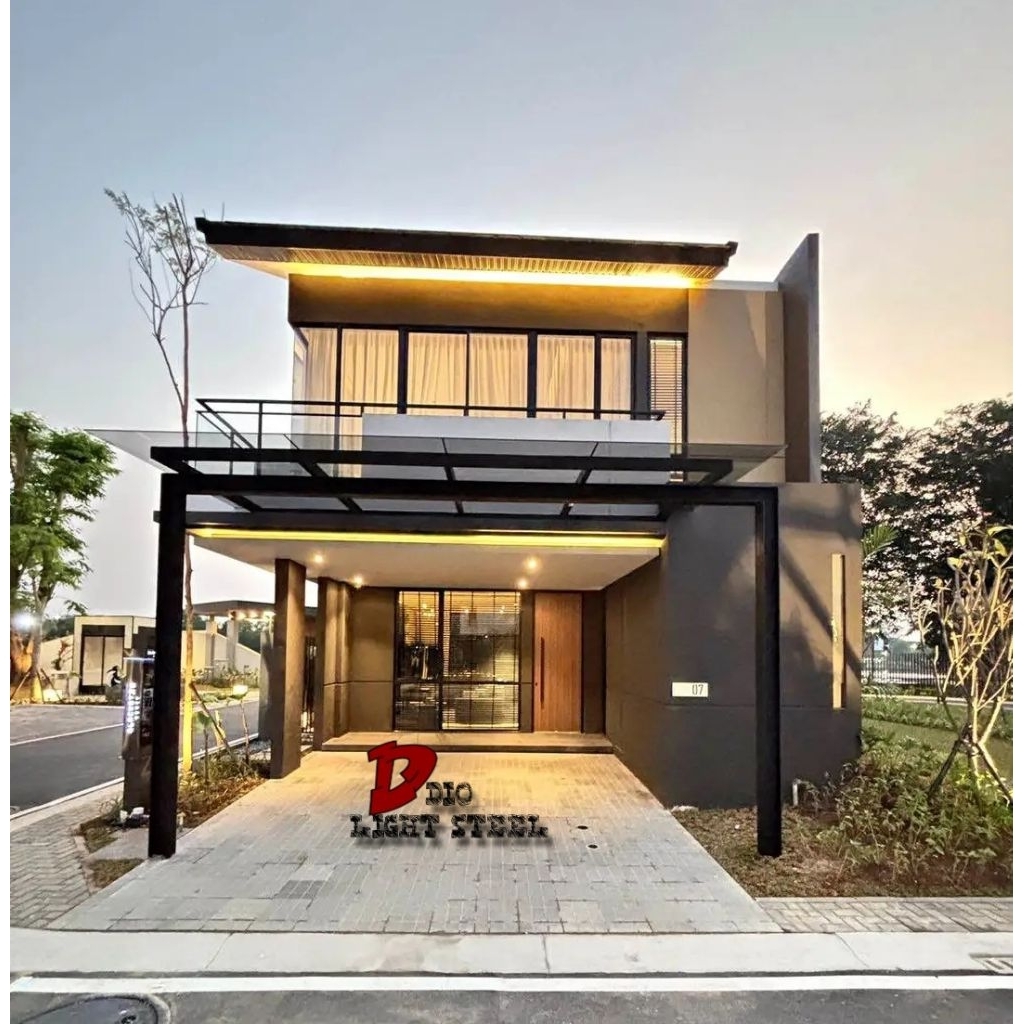 Dio light steel kanopi kaca tempered 8mm rangka besi hollow galvanis