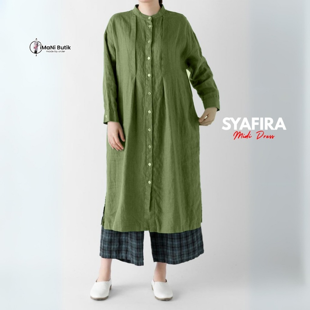 Imani Butik - Midi Dress Syafira Fashion Muslim Wanita - Midi Dress Model Polos Bahan Katun Linen Ka