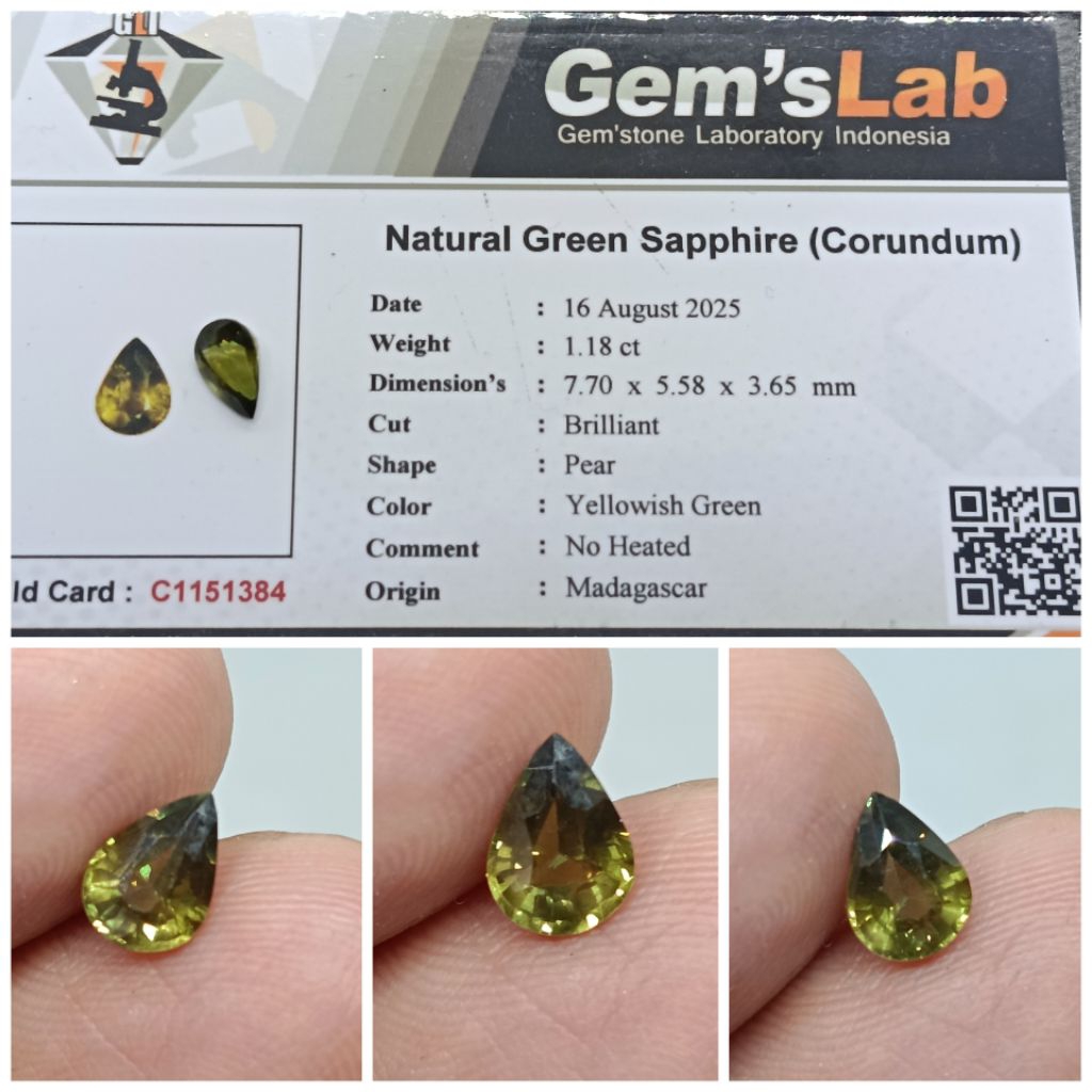 Natural Green Sapphire Madagaskar No Heat 1,18ct memo GLI Safir Top Luster