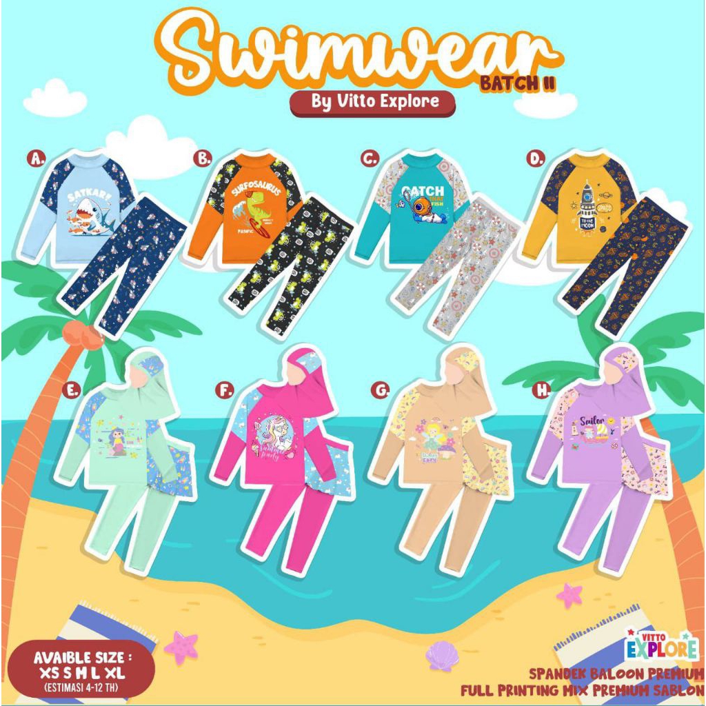 Swimwear Girl Boy Vitto Explore/ Baju Renang Anak Perempuan Hijab/ Set Baju Renang Anak Laki-laki 2-