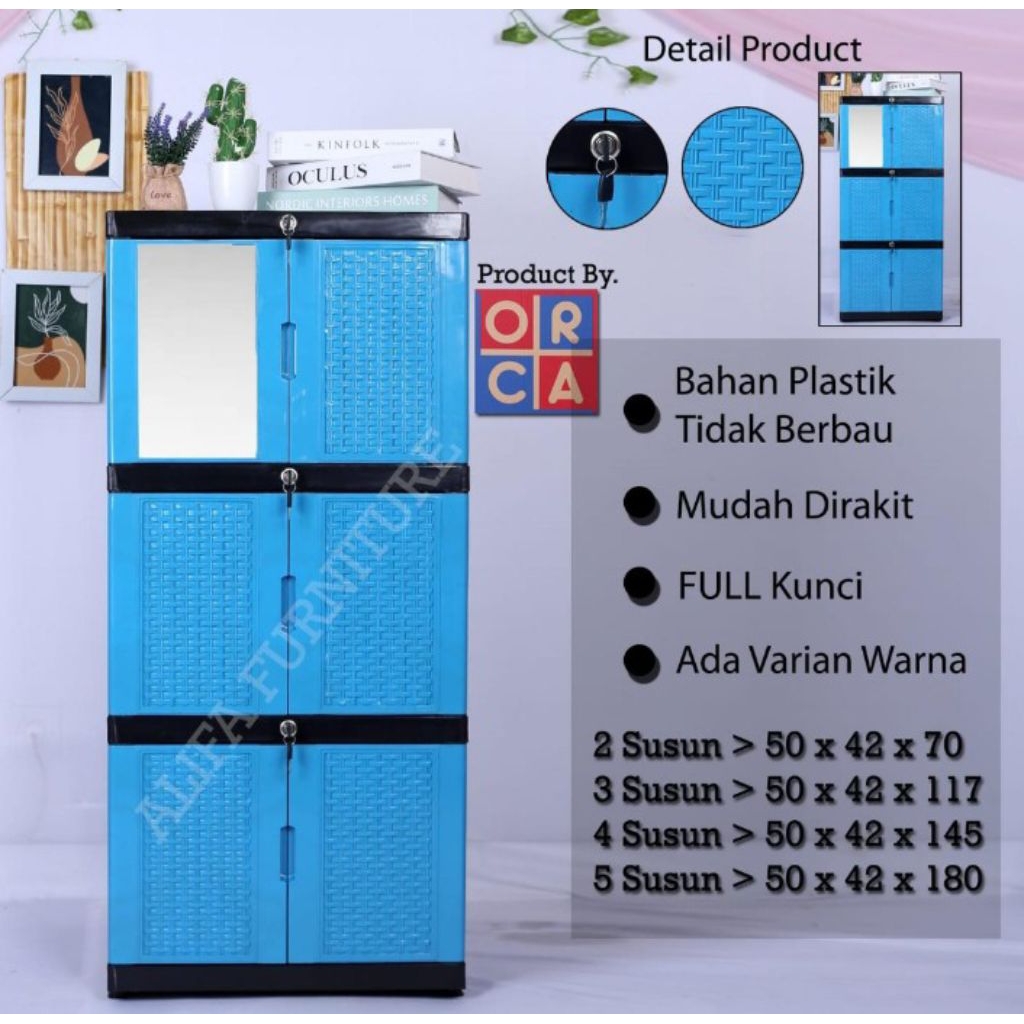 LEMARI PLASTIK ORCA KACA FULL KUNCI 3 SUSUN - LEMARI PAKAIAN PLASTIK ORCA 3 SUSUN - LEMARI BAJU PLAS