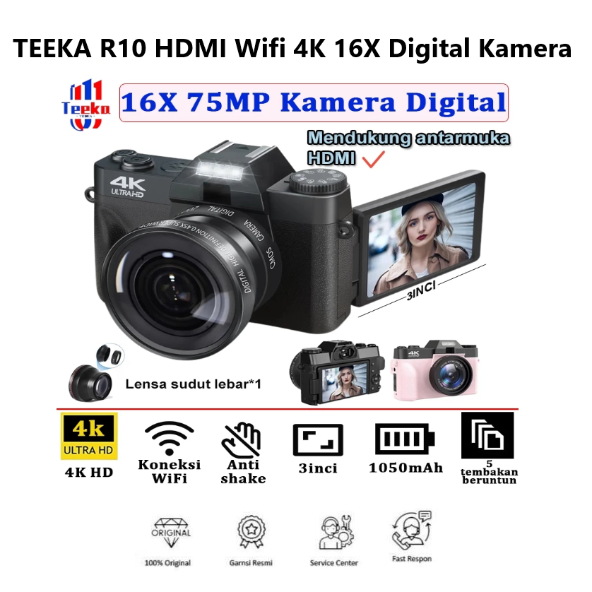 TEEKA R10 75MP HDMI Wifi Video 4K 16X Digital Kamera 16X Digital Zoom Dengan Dukungan Selfie Koneksi