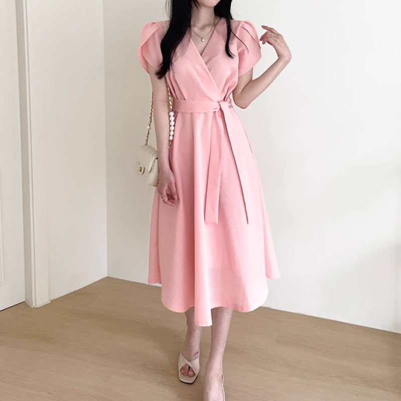 EMITA BLOOM gaun pesta mewah elegan midi dress pink polos pantai import wanita kekinian korea style 