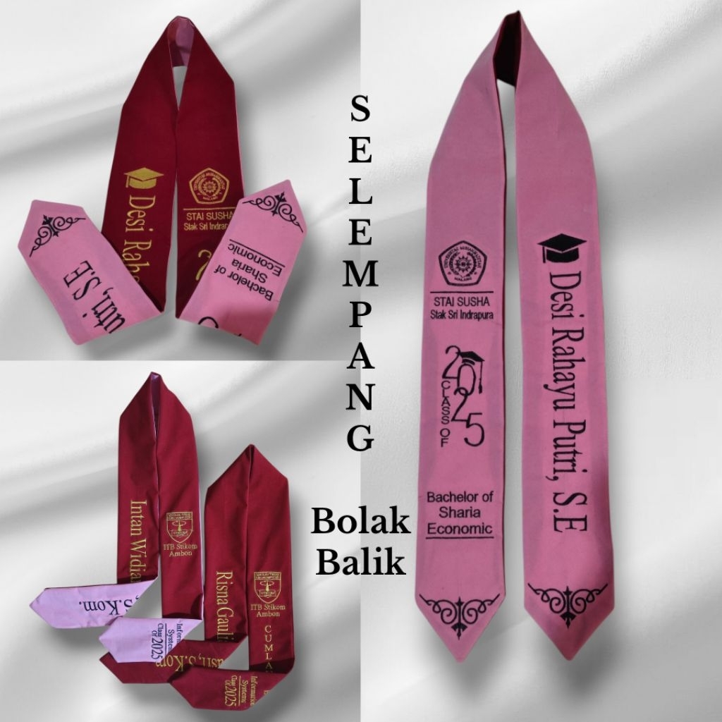 (1Hari Jadi) Selempang Wisuda Kalung, Custom BORDIR Nama & Gelar Bolak Balik