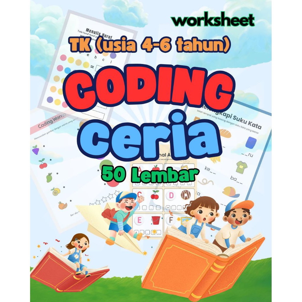 

50 lembar belajar coding TK-SD I Worksheet cetak kertas A5 aktivitas belajar motorik anak 4-6
