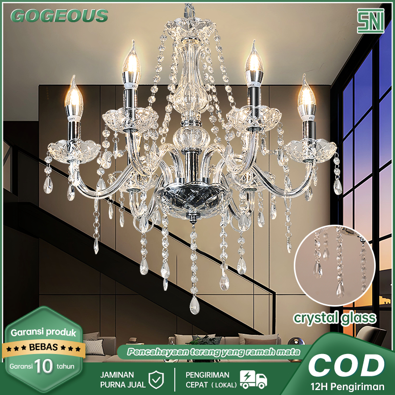 GOGEOUS 100% Kristal Lampu Gantung Kristal Ruang Tamu Mewah Dengan Bola Lampu 6/8 LED K9 Kaca Krista