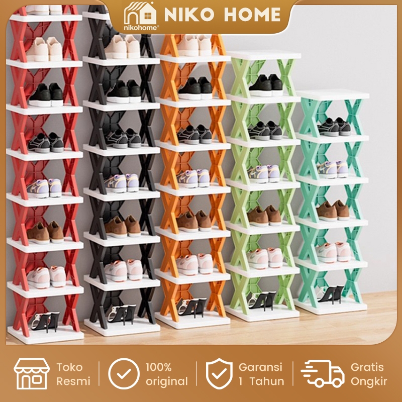 NIKOHOME Rak Sepatu X Susun 4 Sepatu Sandal Minimalis Putih Tempat Sandal Portable Sandal Serbaguna