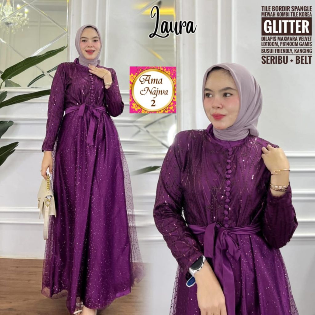 Gamis Brokat Tile  Elegan – Gamis Pesta Muslim Premium Glitter Busui Friendly | gamis pesta kekinian