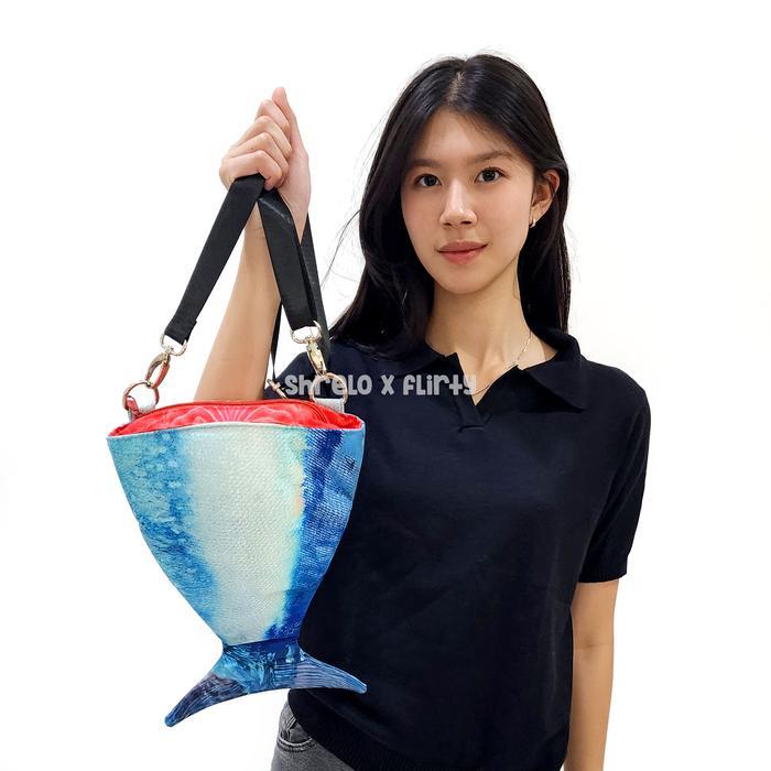 Shoulder Bag Bentuk Buntut Ikan Tuna Biru Tas Selempang Shrelo Puffy Bahan Linen Kado Kocak Unik Hob