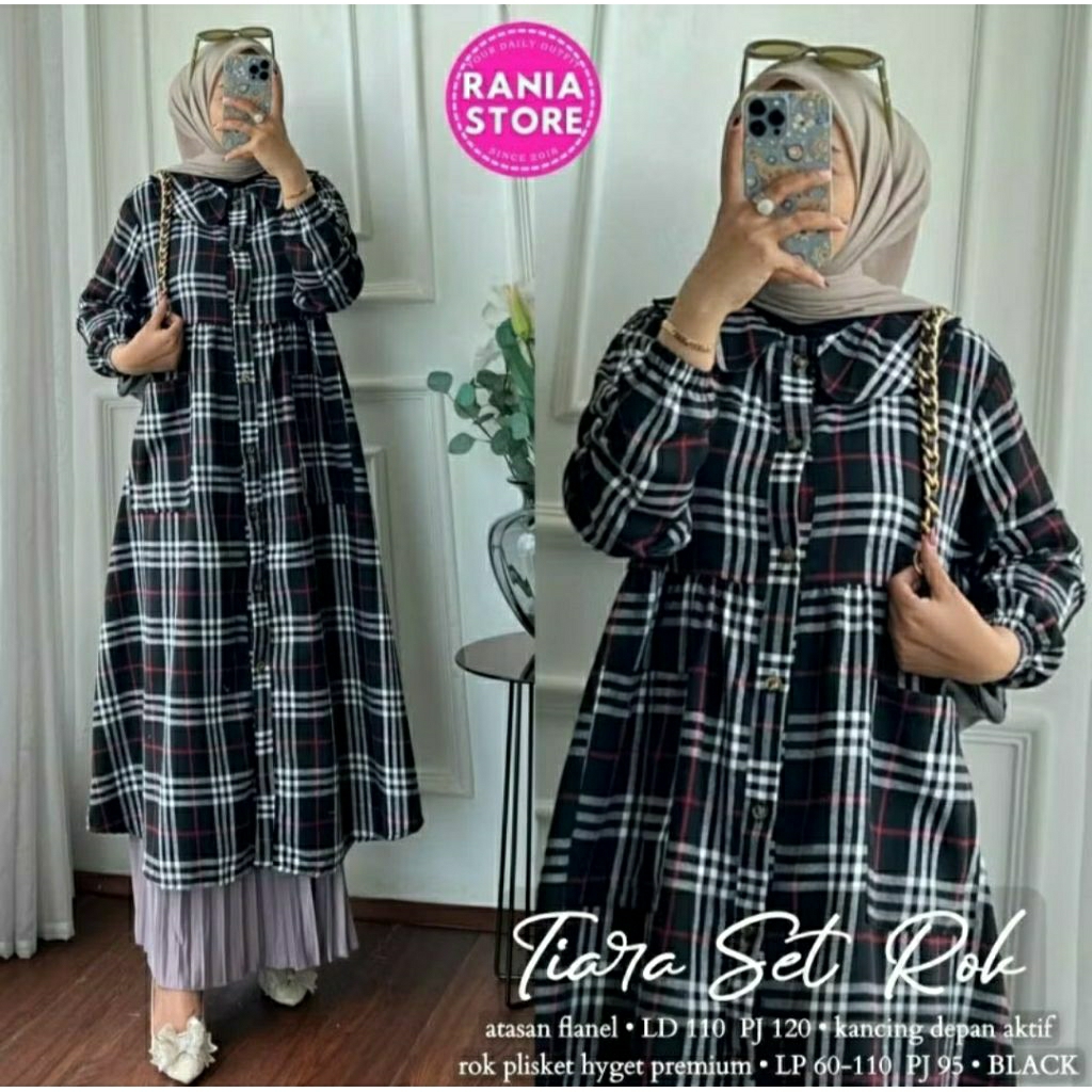 Tiara Set Rok, setelan rok bahan Tunik Flanel import ld 110 rok bahan plisket Hyget premium kancing 