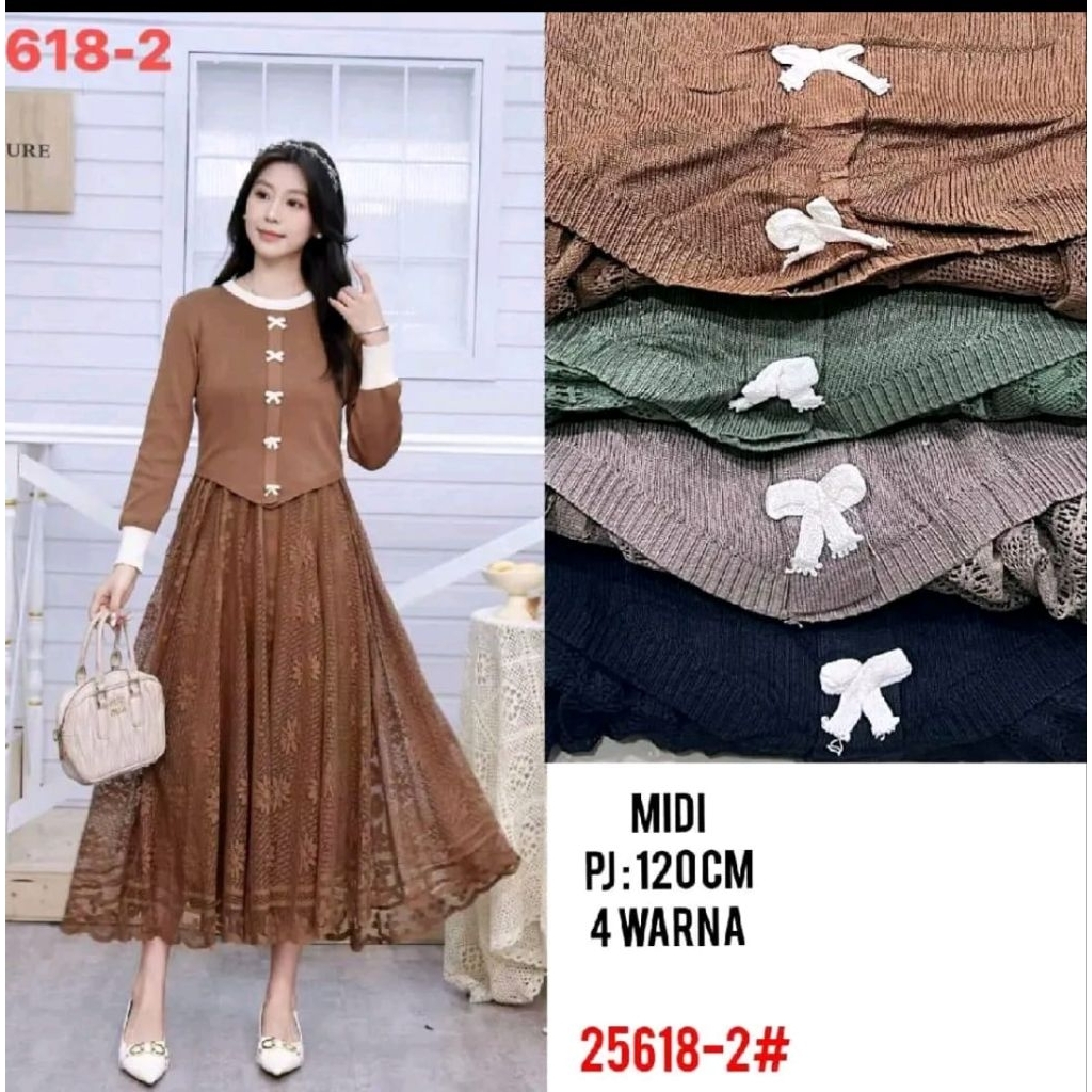 Dress MIDI Rajut dada Pita, bhn rajut mix bawah brokat, Ld 110 PB 125