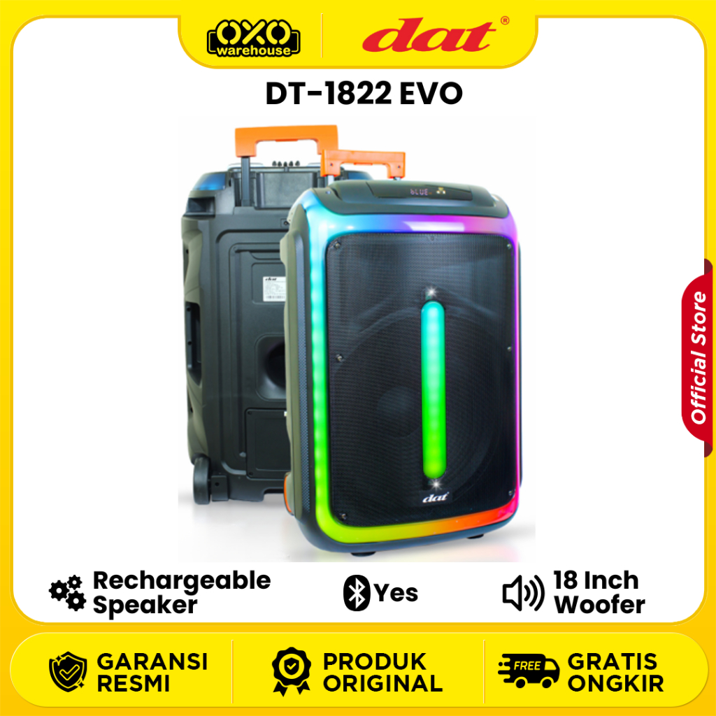 DAT DT-1822 EVO Speaker Trolley Bluetooth 18 Inch Woofer Rechargeable Speaker Garansi Resmi