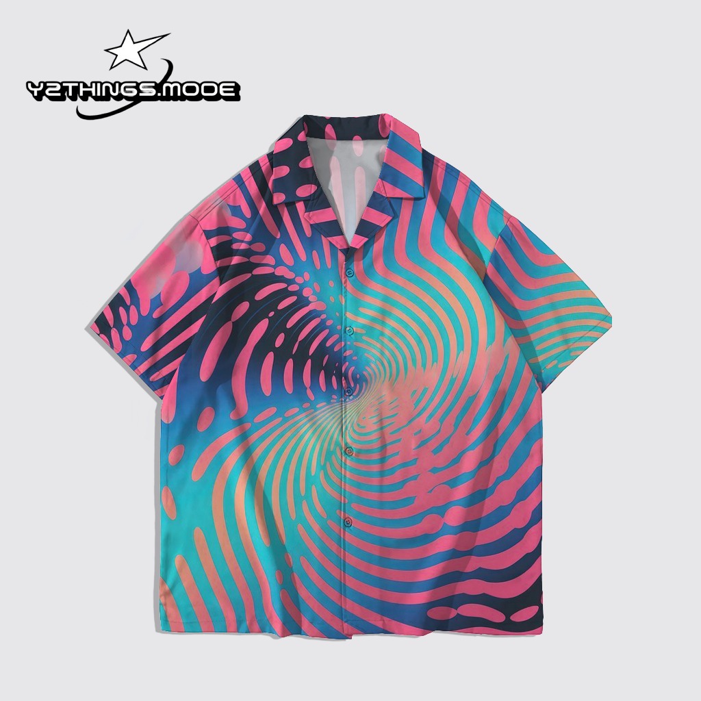 Y2THINGS Kemeja Lengan Pendek Motif Abstrak Spiral Neon Pink – Shirt Aesthetic Psychedelic Kekinian 