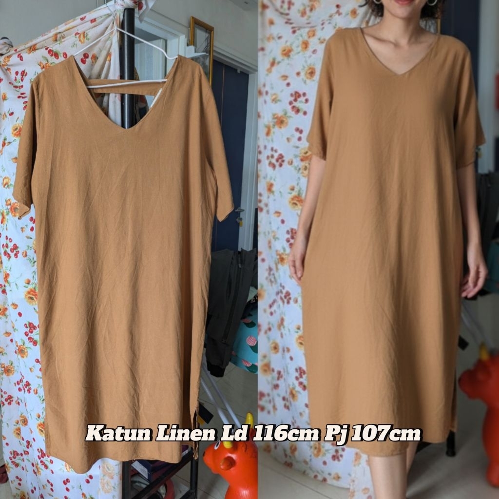 Preloved Midi Dress Coklat Katun Linen V neck oversized