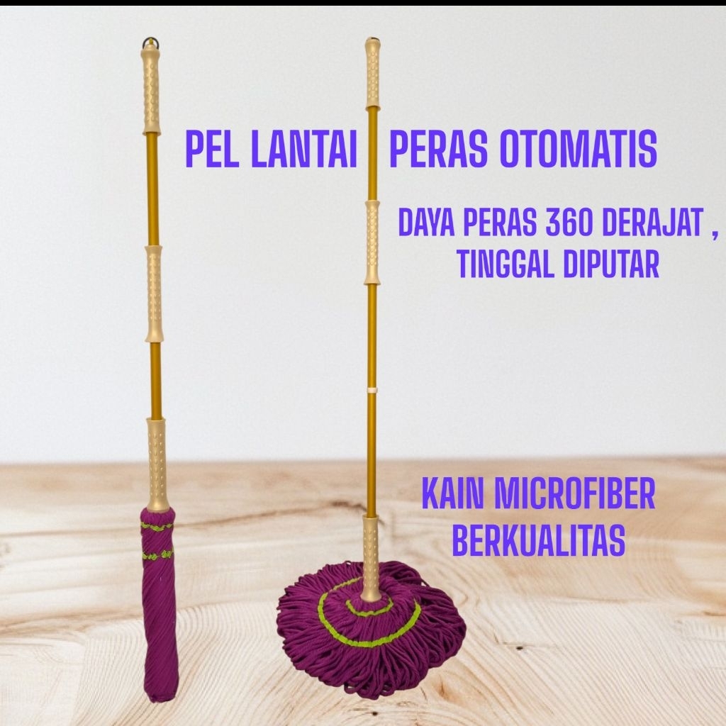 Pel Putar Otomatis Microfiber, Alat Pel Peras 360° Tanpa Listrik, Gagang 135 cm