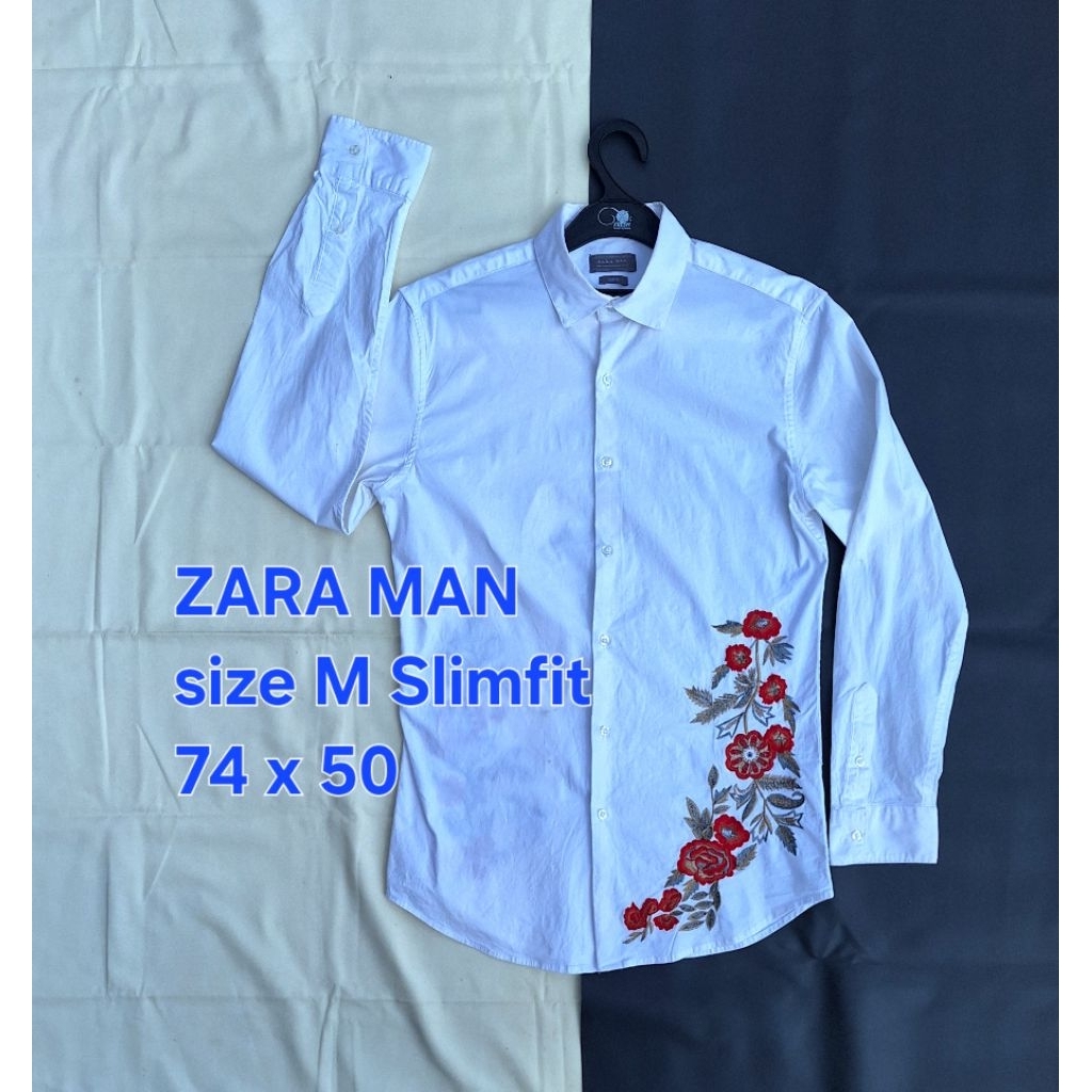 Baju Kemeja ZARA MAN Slim Fit Putih Lengan Panjang Pria Motif Bunga Bordir Mewah