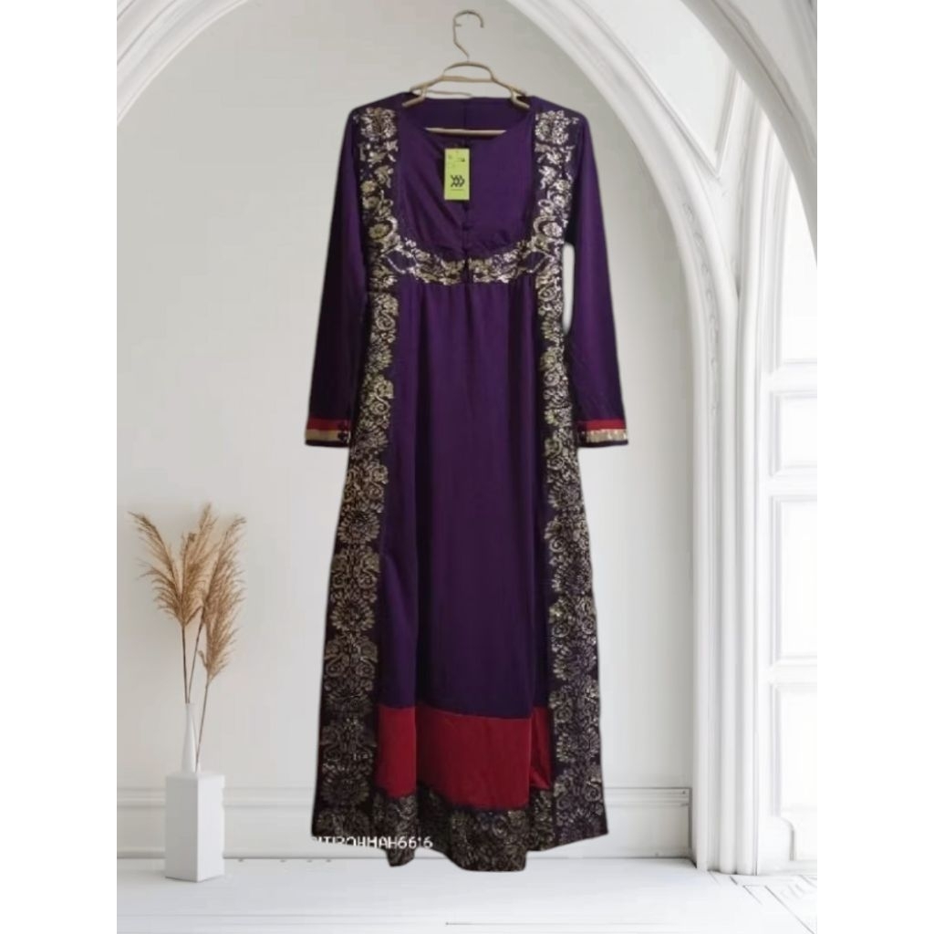 PL/preloved abaya mewah list batik premium/gamis kondangan busui warna ungu pekat LD 100