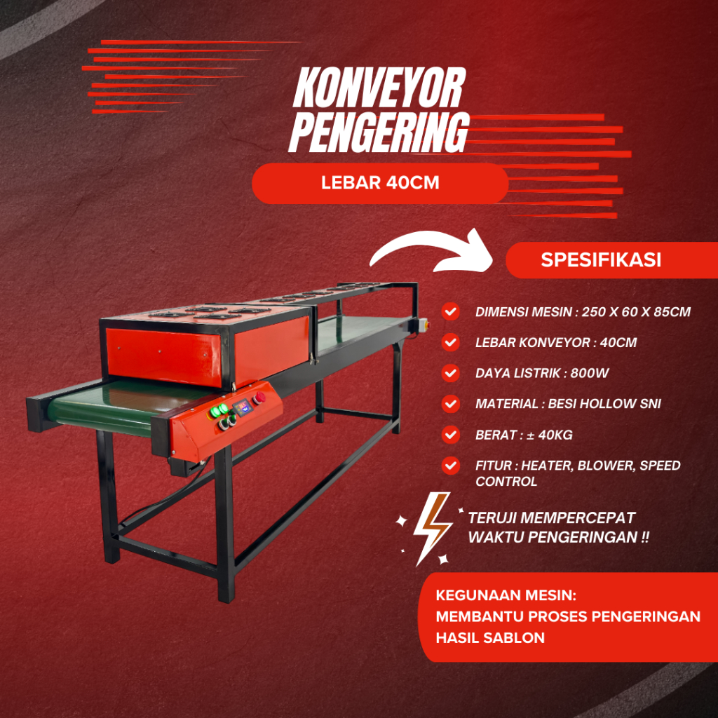 Mesin Curing Konveyor Pengering Sablon Lebar 40 cm Panjang 240 cm Multifungsi Hemat Listrik