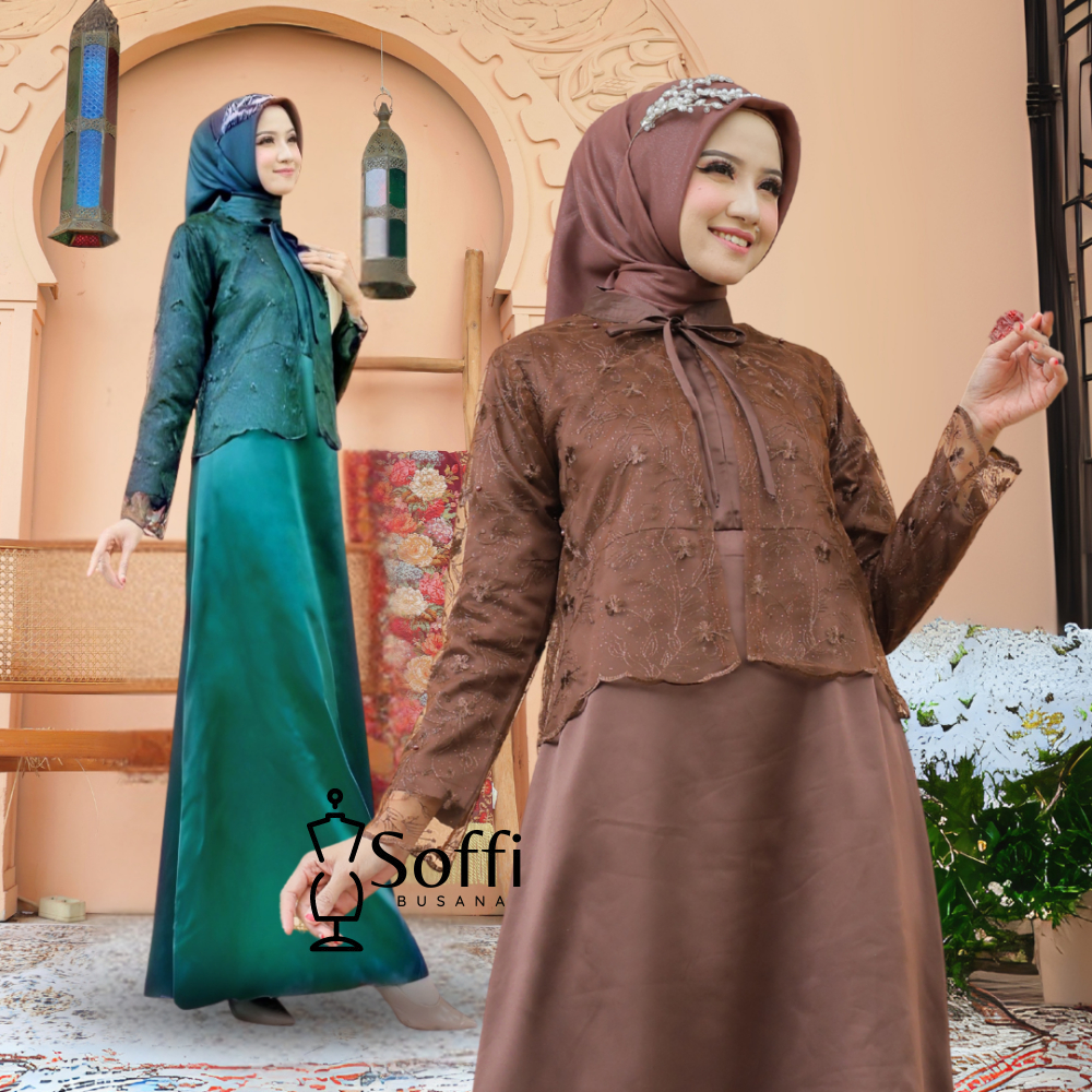 Viona Dress Satin Mahogany – Gamis Pesta Kondangan Outer Brukat Elegan Premium untuk Bridesmaid Wisu