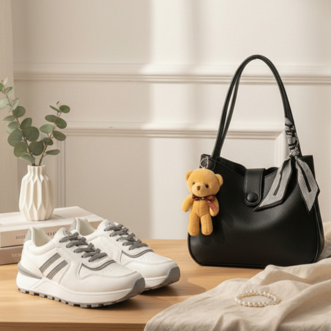 paket hemat 2set sepatu wanita adista+tas slempang wanita plus boneka