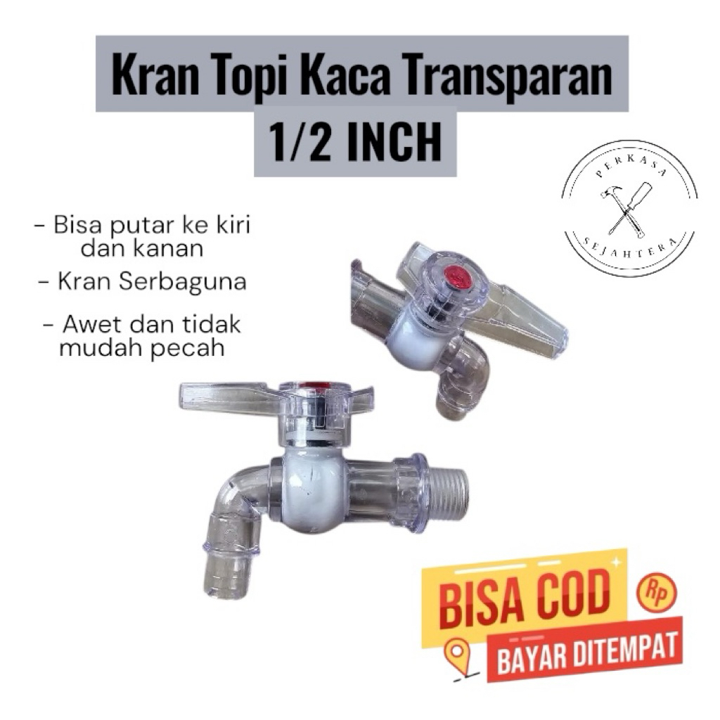 Ecer Kran Keran Topi Kaca Transparan Bening 1/2 inch Lubang Besar
