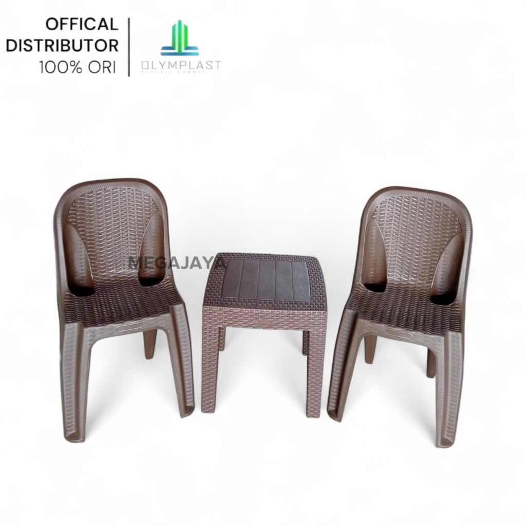 1 Set 2 Kursi OL 205 Rotan + Meja / 1Set Kursi Taman Santai Plastik / Kursi Teras / Kursi Tamu