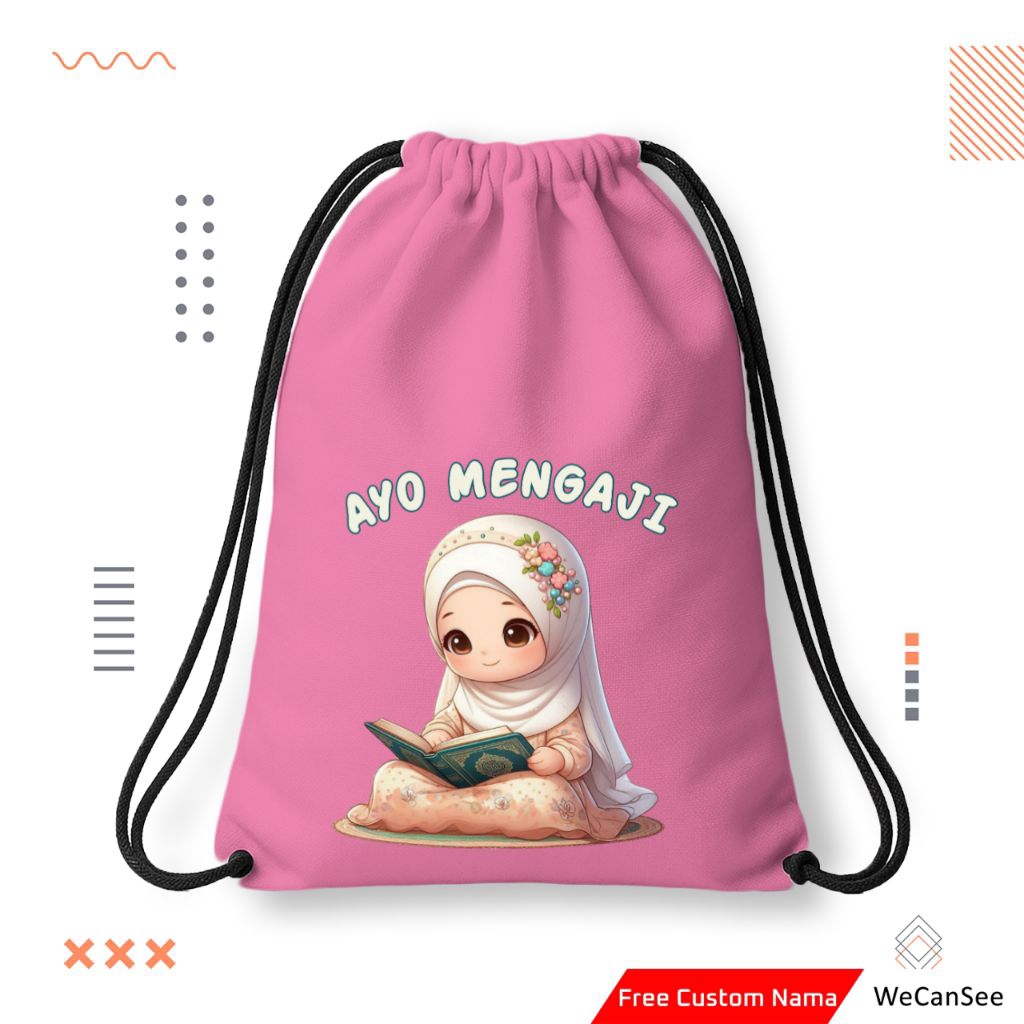 Tas Serut | Tas Serut Anak | Tas Serut Anak Ayo Mengaji Custom Nama | Stringbag | Tas Serut Custom N