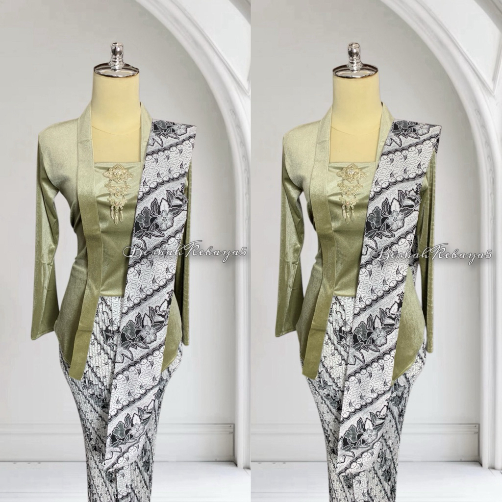 Setelan Kebaya Kutu Baru Bludru Warna Sage / Kebaya + Selendang + Jarik Motif Parang Kusumo Putih