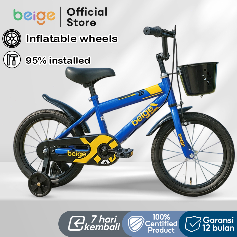 BEIGE Sepeda Anak Laki Kecil Roda Bantu Rangka Baja Karbon Umur 2-7 Tahun Ringan & Aman