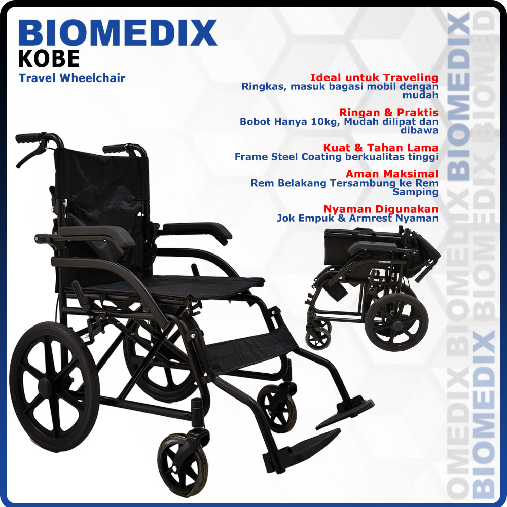 Biomedix Kobe Kursi Roda Lipat Ringan Traveling Dewasa Anti Karat Velg Racing Maks Beban 100kg