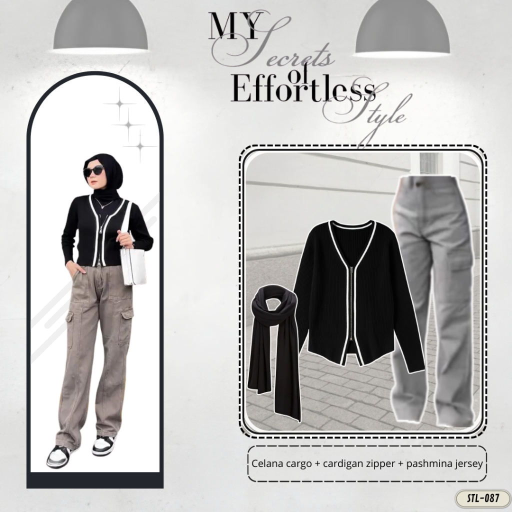 Setelan Cargo 3 in 1 Korean Style Celana Cargo | Cardigan Zipper | Pashmina Kaos | OOTD Street Style