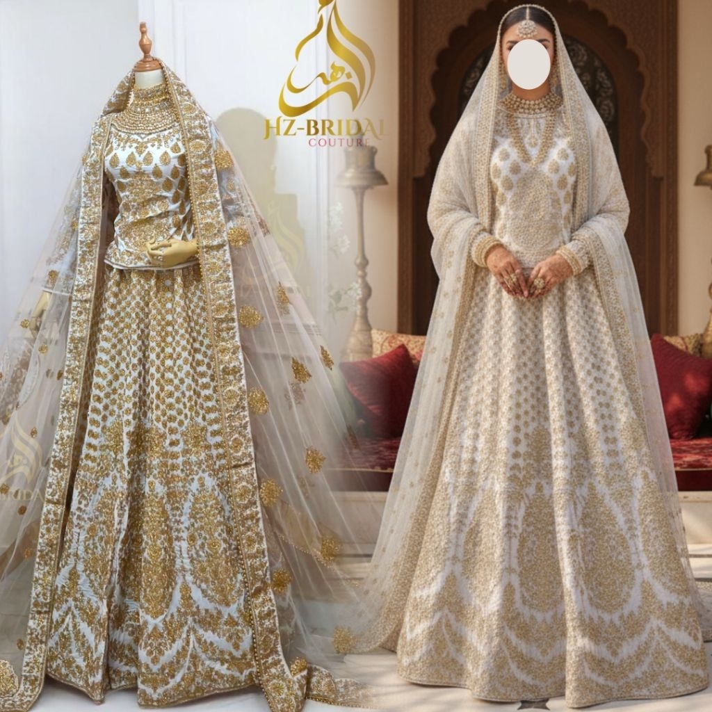 Gaun Pengantin India ZAREEN – Gaun Bridal Syar’i Putih Emas, Bordir Mewah, by AZZUHRA