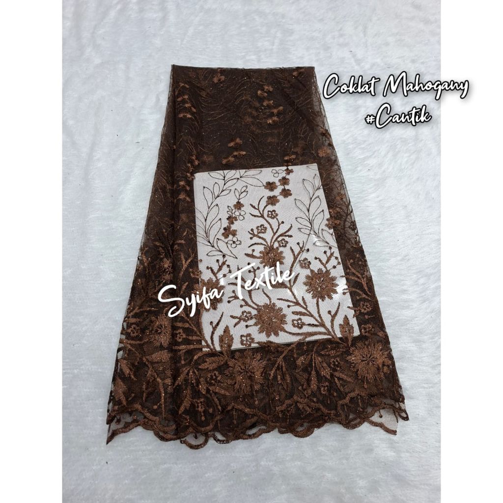 PROMO. Kain Brokat Meteran ( Coklat Mahogany ) Kain Tile Mutiara Bordir Atas Bawah / Kain Tile Motif
